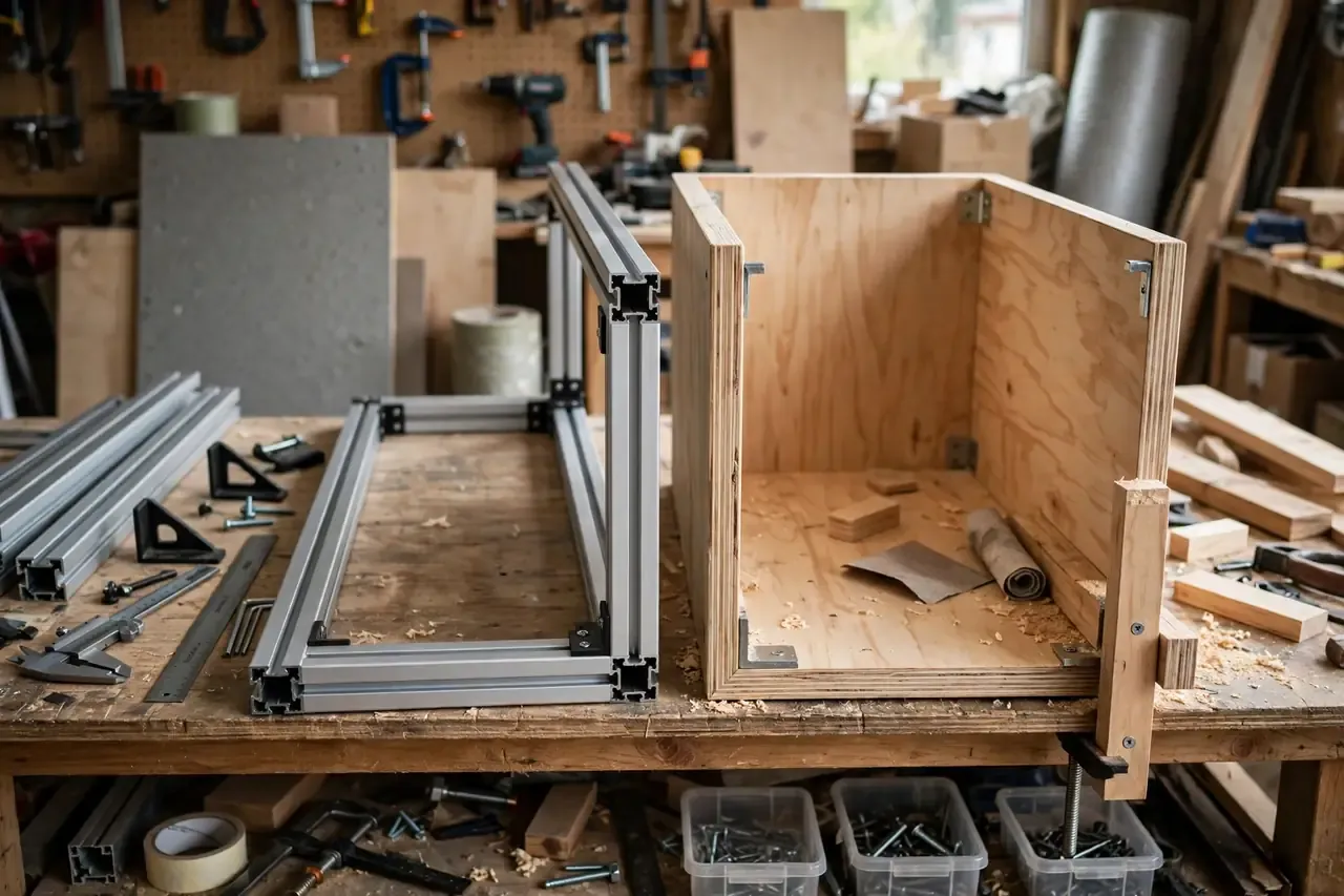 Vergleich im Camper: Aluminiumprofil-Gestell neben einer Holzmöbel-Ecke in einer Werkstatt