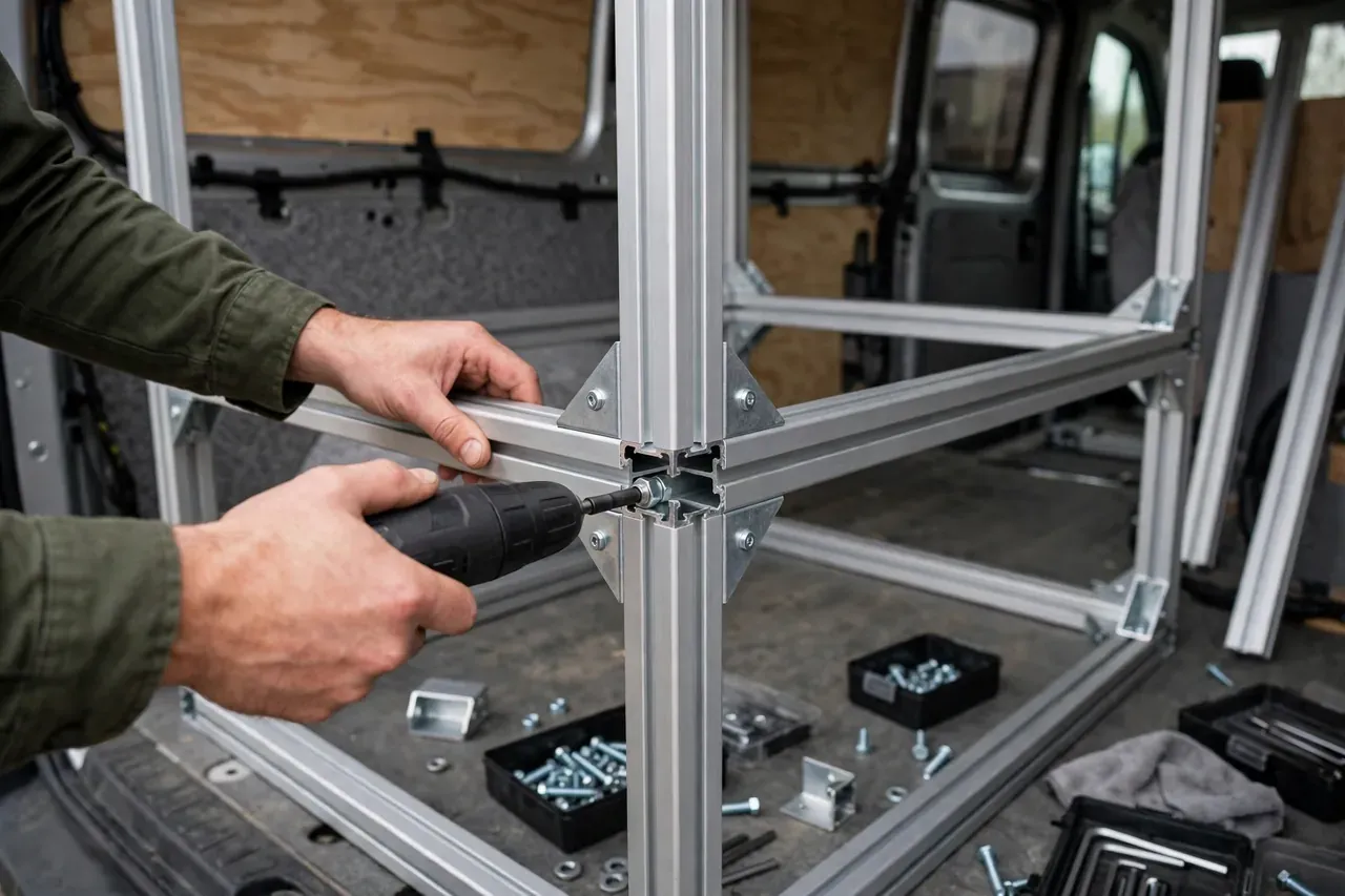 Aluminium Nutenprofile und Verbinder werden zu einem Möbelgestell im Van verschraubt