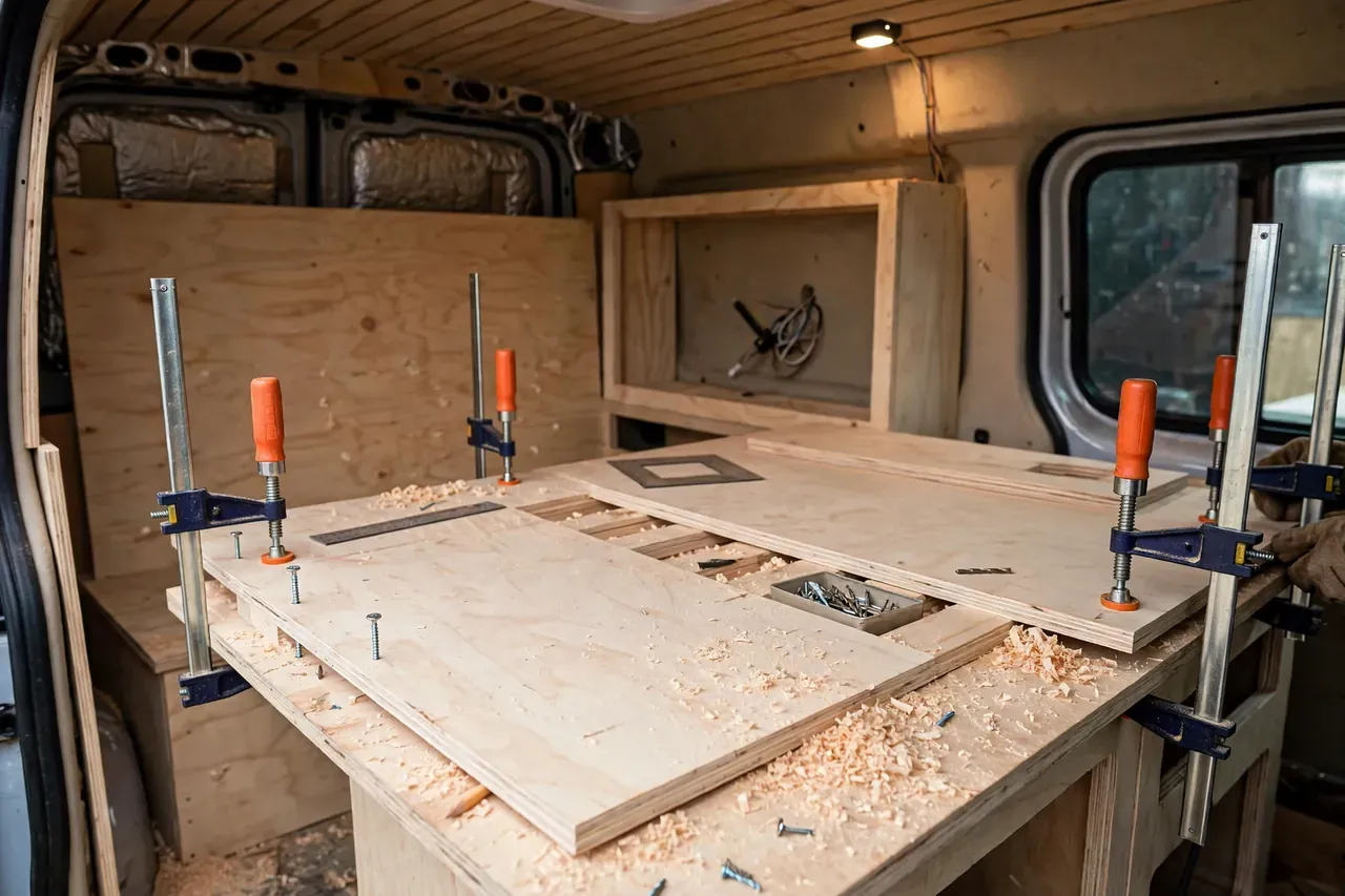 Holzmöbelbau im Camper: Sperrholzplatten werden zugeschnitten und verschraubt