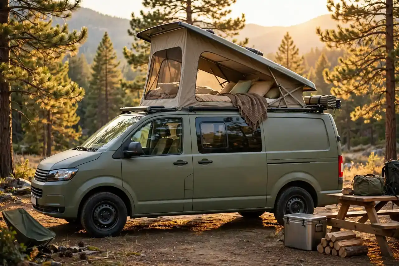 Campervan mit geöffnetem Aufstelldach und sichtbarem Dachbett auf einem Stellplatz