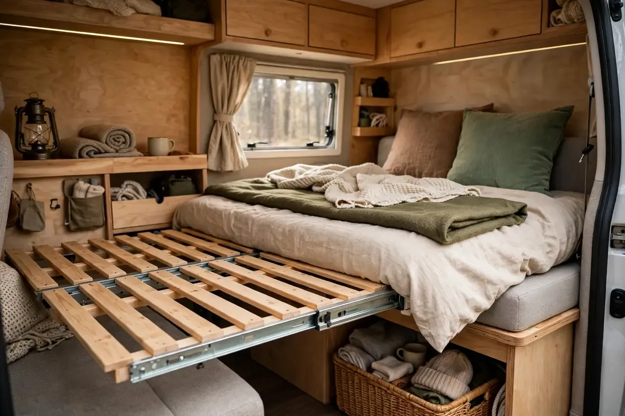 Ausziehbares Bett im Camper halb ausgezogen mit Holzlatten und Matratze