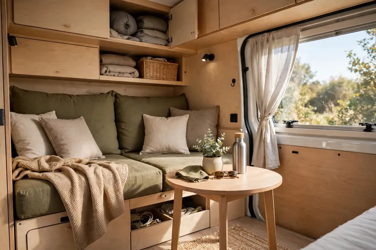 Sitzbank im Camper am Tag, die sich nachts in ein Bett verwandelt