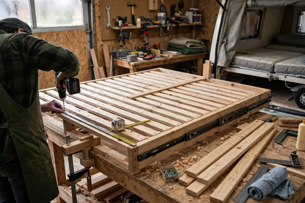 Bau eines Lattenauszugs aus Holzleisten für ein Camper Bett in der Werkstatt