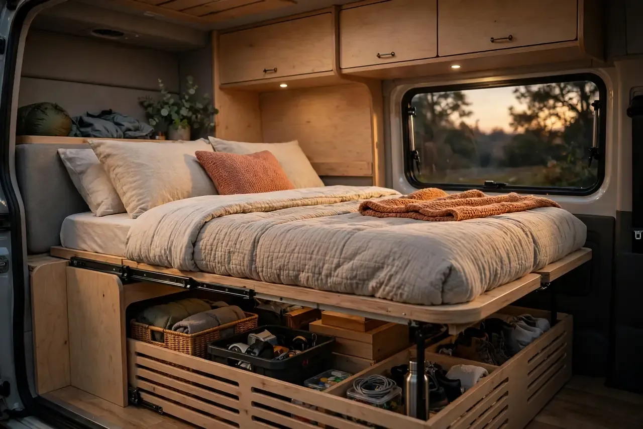 Fertig aufgebautes Ausziehbett im Camper mit Bettzeug und Stauraum darunter