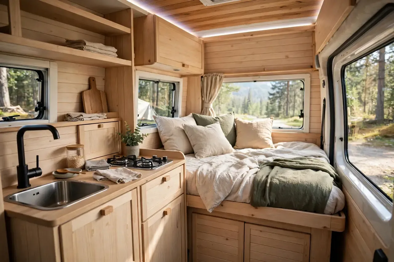 Fertig ausgebauter Campervan mit Holzmöbeln, Bett und kleiner Küche bei Tageslicht