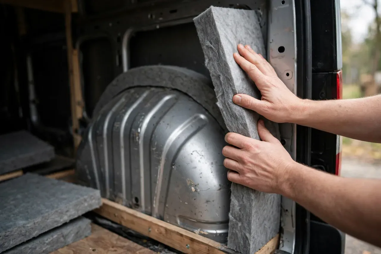 Dämmmatten werden an die gewölbte Innenwand eines Vans geklebt