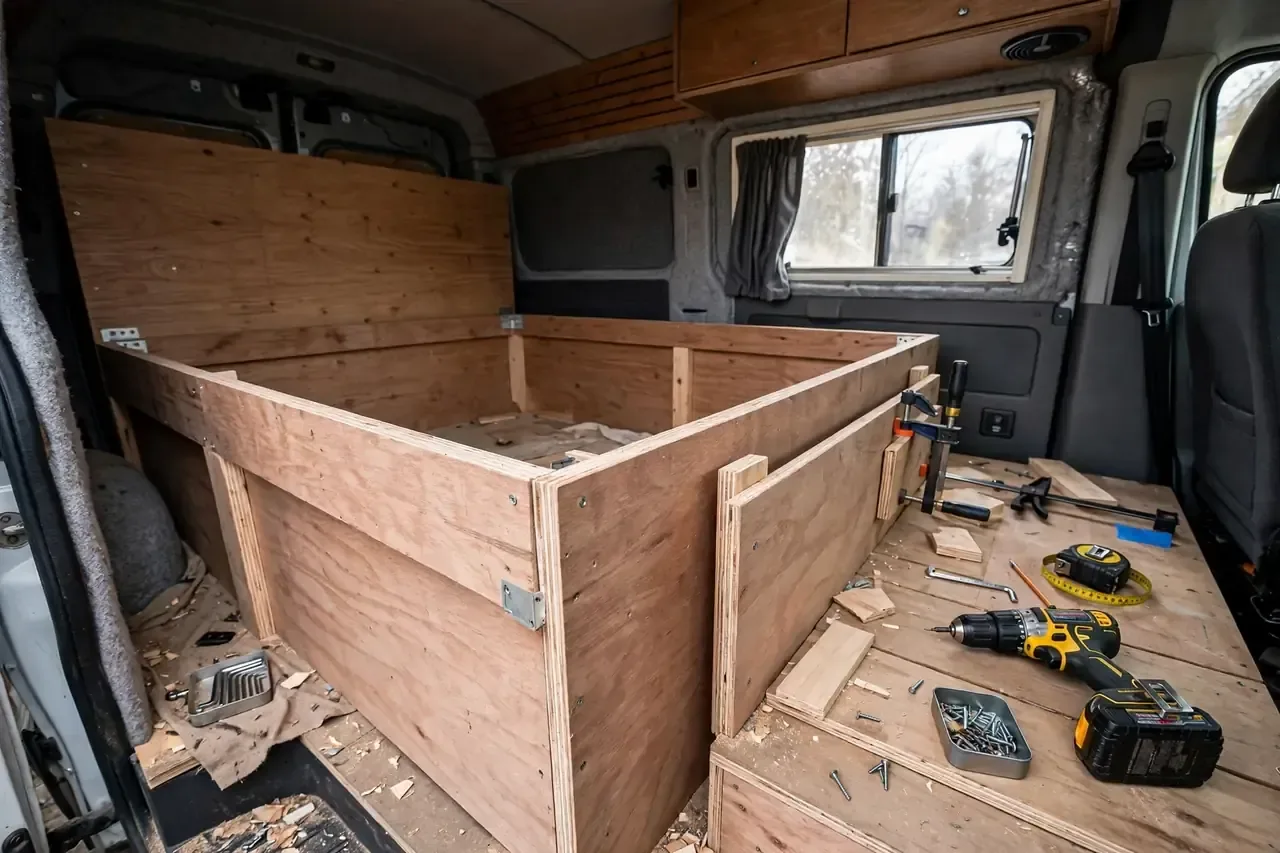 Selbstgebautes Bettgestell aus Holzplatten im Camper während des Möbelbaus