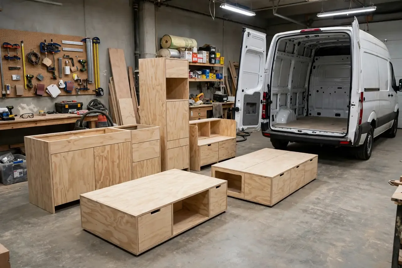 Vorgefertigte Camper Möbelmodule eines Ausbau Bausatzes bereit zur Montage neben einem Van