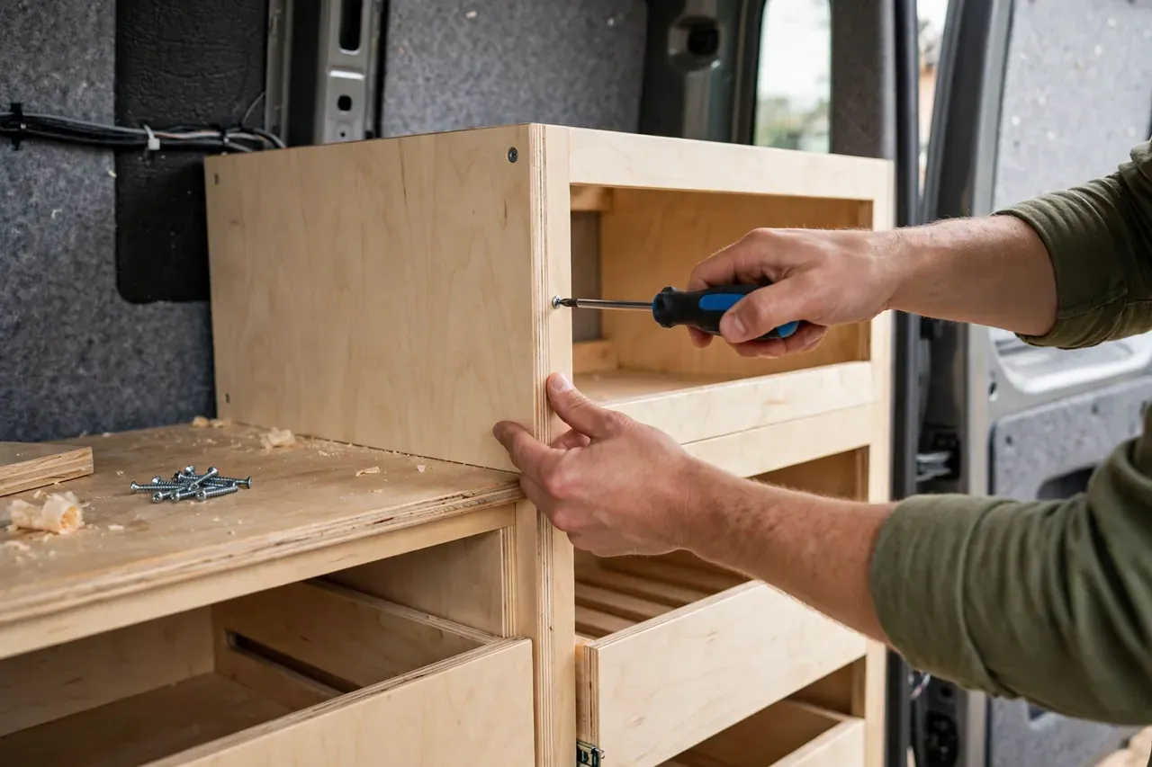 Montage eines Küchenmoduls aus einem Fertig-Kit im Transporter, zwei Hände setzen eine Schraube