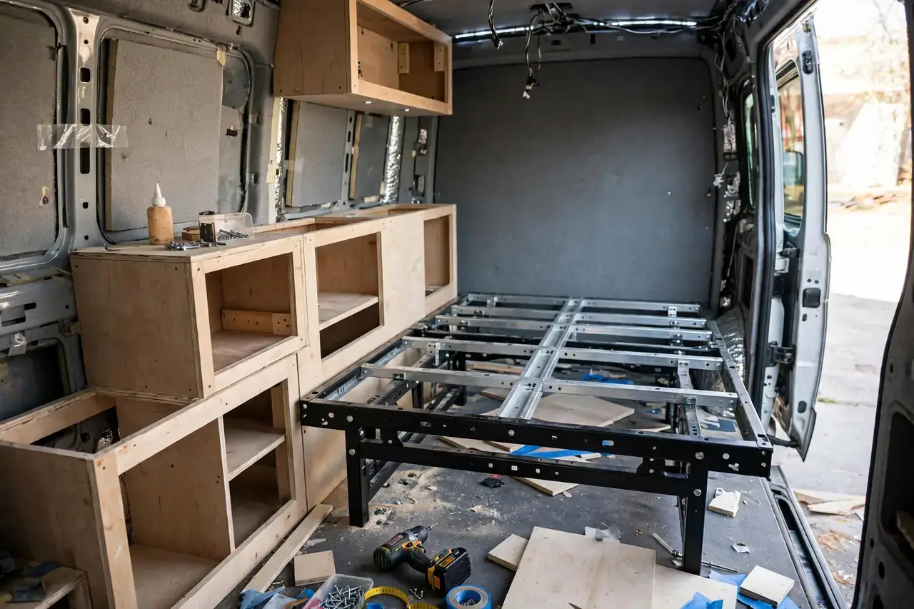 Halb montierter Bausatz Innenausbau mit Bettgestell und Schränken im Camper