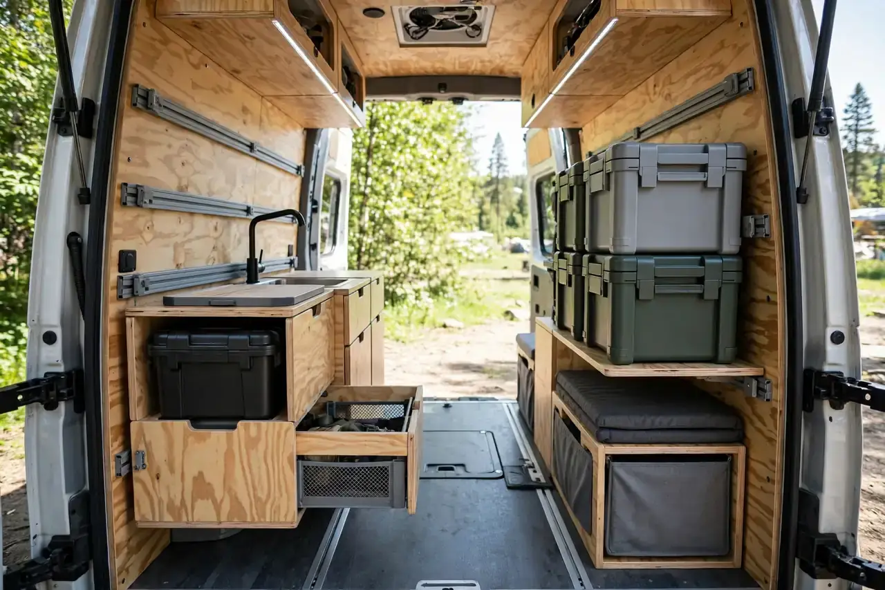 Fertig eingebauter Bausatz Camper mit herausnehmbaren Modulen und Blick durch die Hecktüren