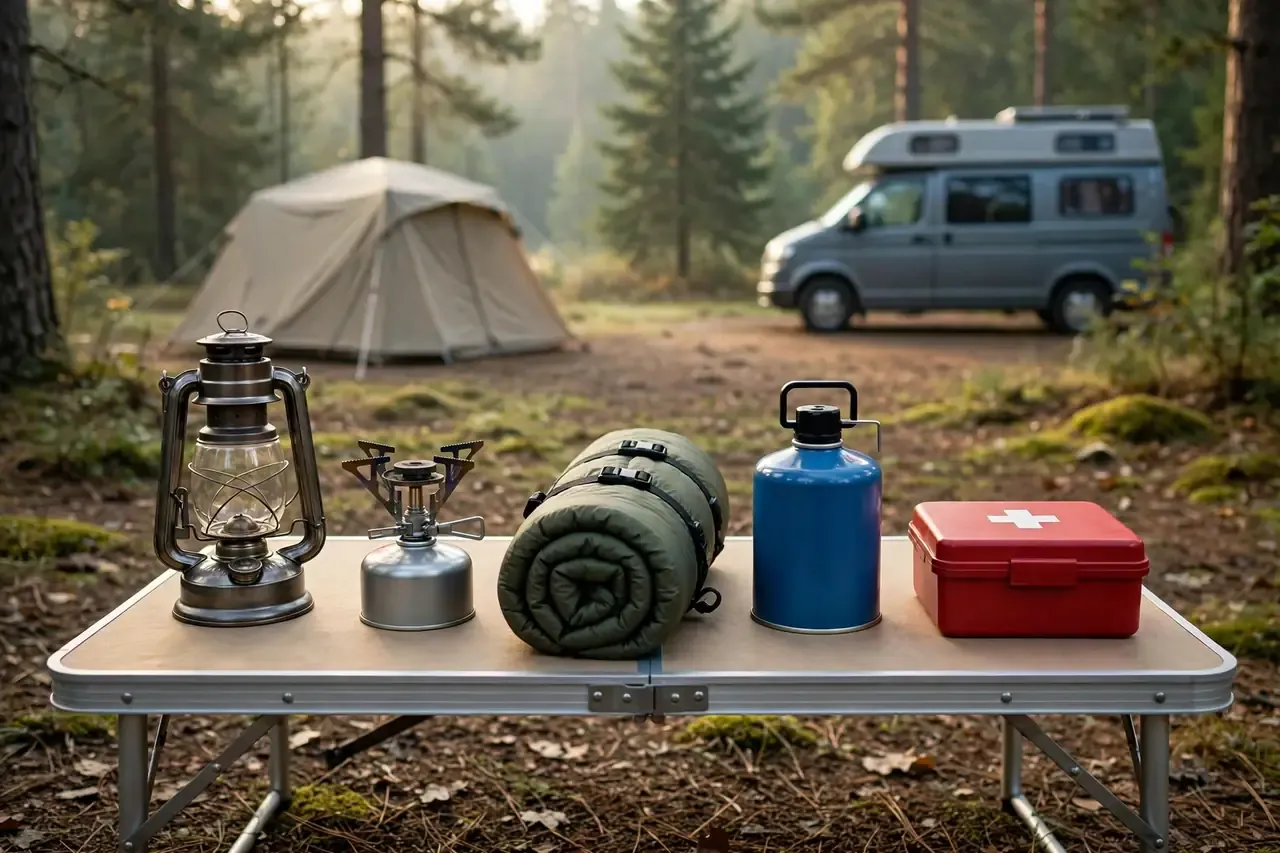 Camping Ausrüstung ordentlich auf Campingtisch mit Laterne, Kocher, Schlafsack und Erste-Hilfe-Box