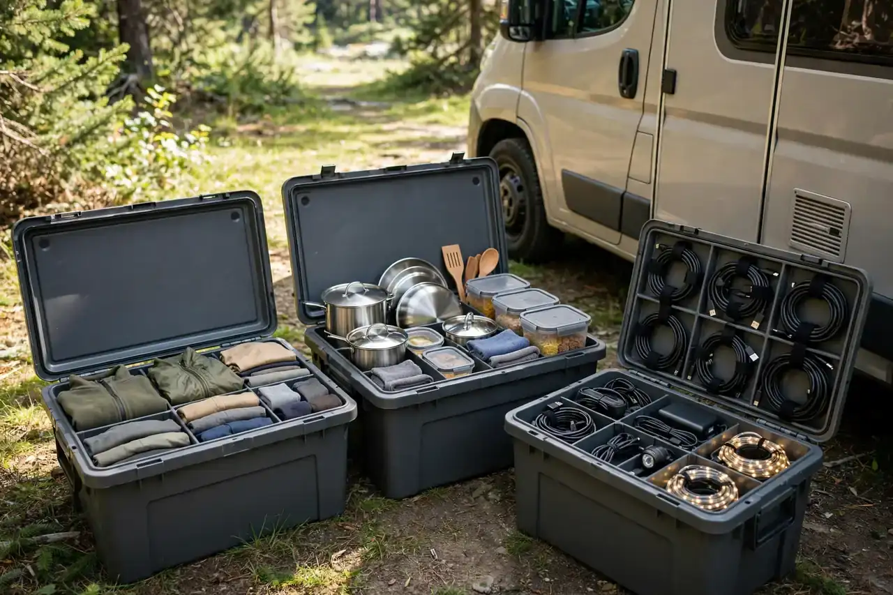 Sortierte Ausrüstungsboxen mit Kleidung, Küche und Kabeln neben einem Camper Van