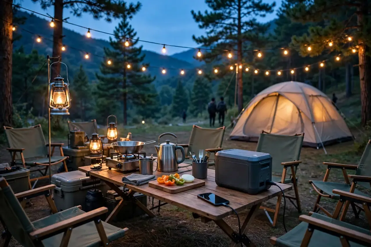 Abendlicher Campingplatz mit Lichterkette, Laternen und Powerstation auf dem Tisch