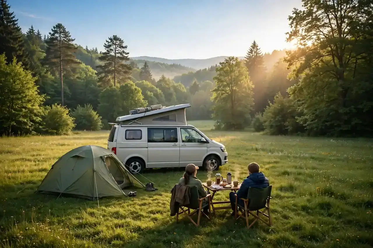 Zelt und Camper Van auf grüner Wiese am Morgen, zwei Camper von hinten am Frühstückstisch