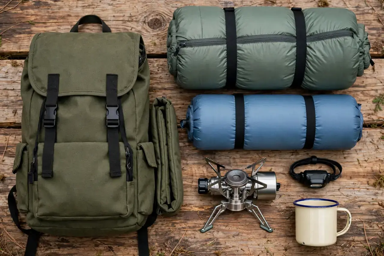 Gepackte Camping Grundausstattung als Flat Lay mit Rucksack, Schlafsack, Isomatte und Kocher