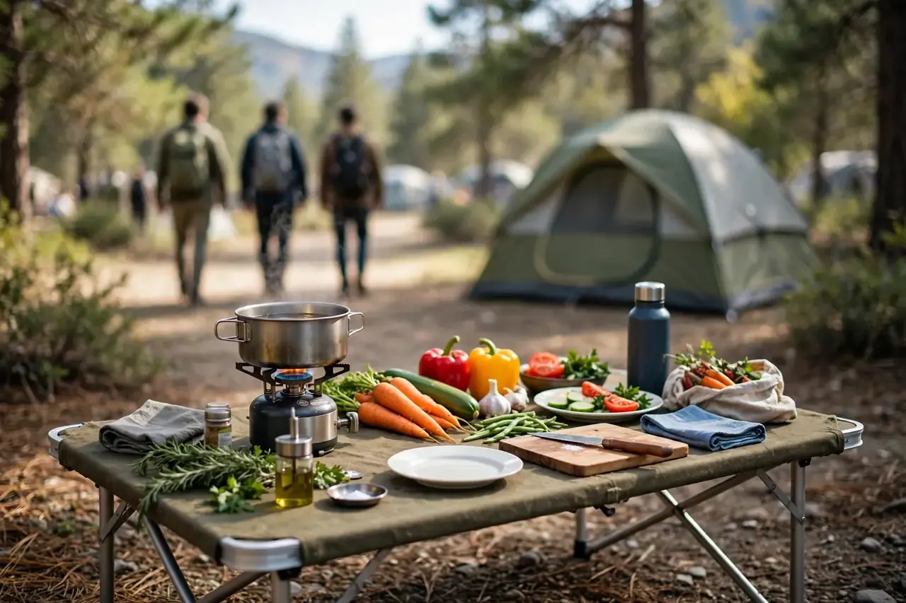 Campingküche mit Kocher und frischem Gemüse auf Klapptisch vor einem Zelt