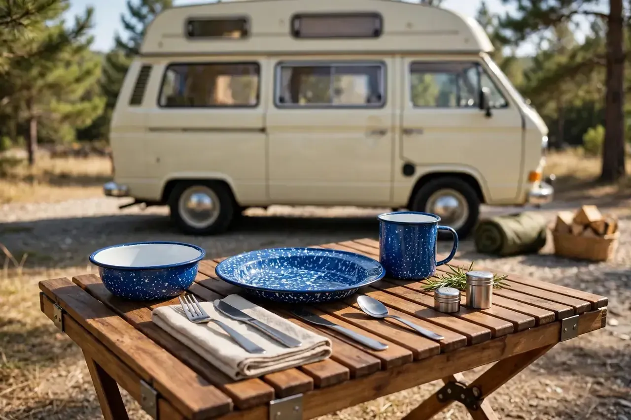 Blaues Emaille-Campinggeschirr mit Teller, Schüssel und Tasse auf einem Holztisch vor einem Campervan