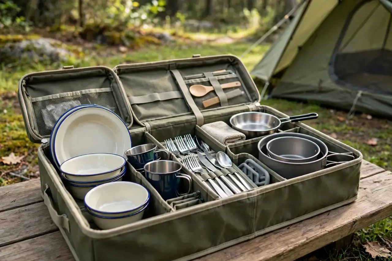 Geöffnete Campingküchen-Box mit ordentlich sortiertem Geschirr, Besteck und Töpfen vor einem Zelt