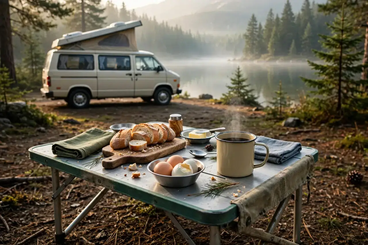 Frühstück mit Brot, Eiern und Kaffeetasse auf Campinggeschirr auf einem Klapptisch am See