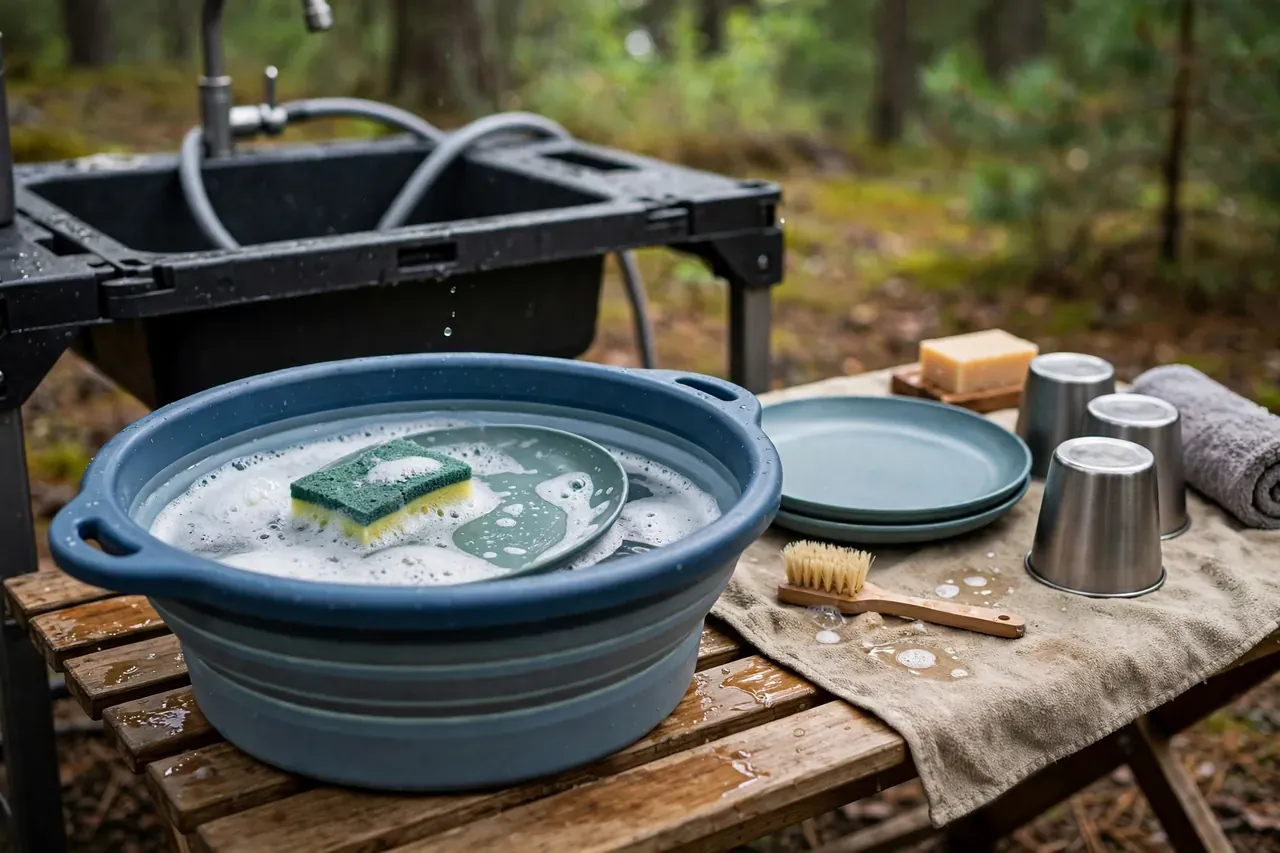 Campinggeschirr wird in einer faltbaren Spülschüssel an einer Spülstation im Wald abgewaschen