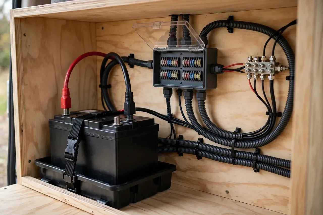 Bordbatterie mit Sicherungskasten und sauber verlegter Verkabelung im Camper-Schrank