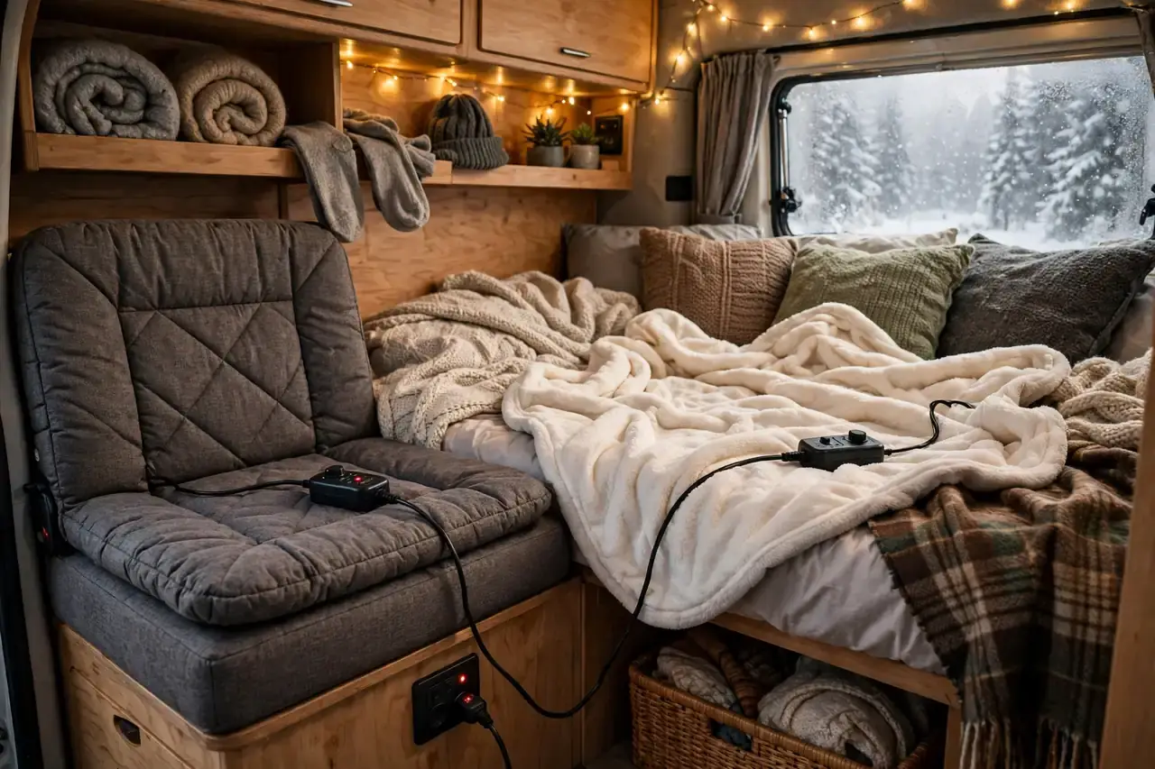 Sitzheizungsauflage und elektrische Heizdecke im winterlichen Schlafbereich eines Campers