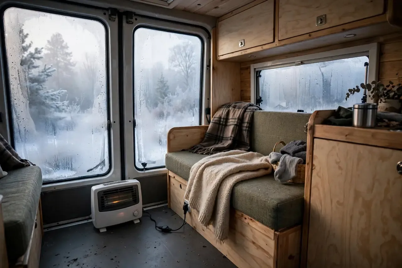 Kleiner Elektroheizer im Camper an einem frostigen Morgen mit beschlagenen Scheiben