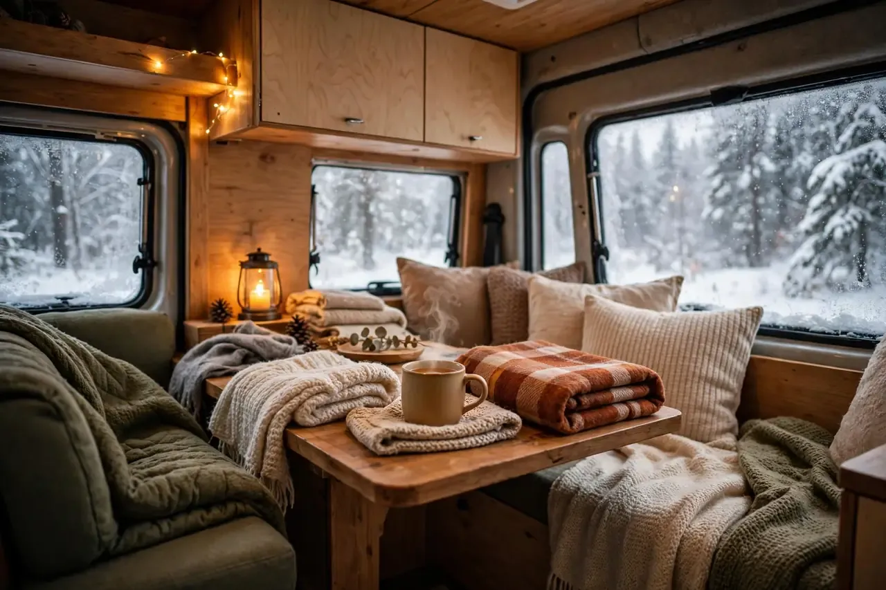 Warmer Camper-Innenraum im Winter mit Decken, Tee und verschneiter Landschaft vor den Fenstern