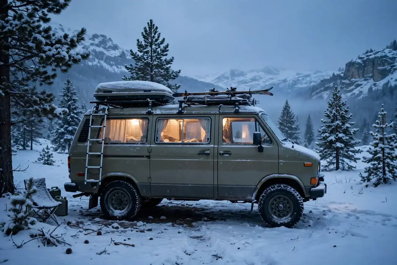 Camper im Schnee in der Abenddämmerung mit warm erleuchteten Fenstern