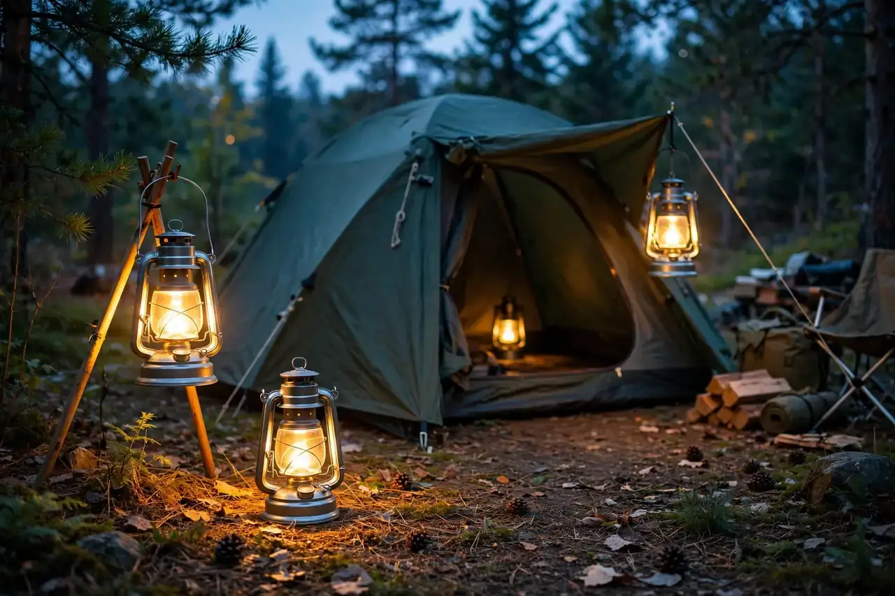 Warme LED-Laternen leuchten abends vor einem Zelt auf einem Waldcampingplatz