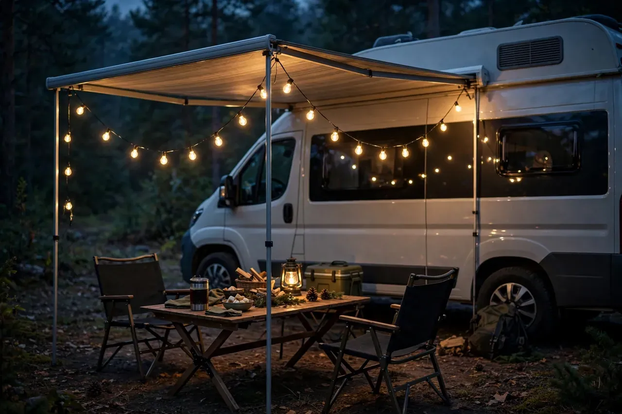 Lichterkette mit warmem Licht hängt unter der Markise eines Campers über dem Campingtisch