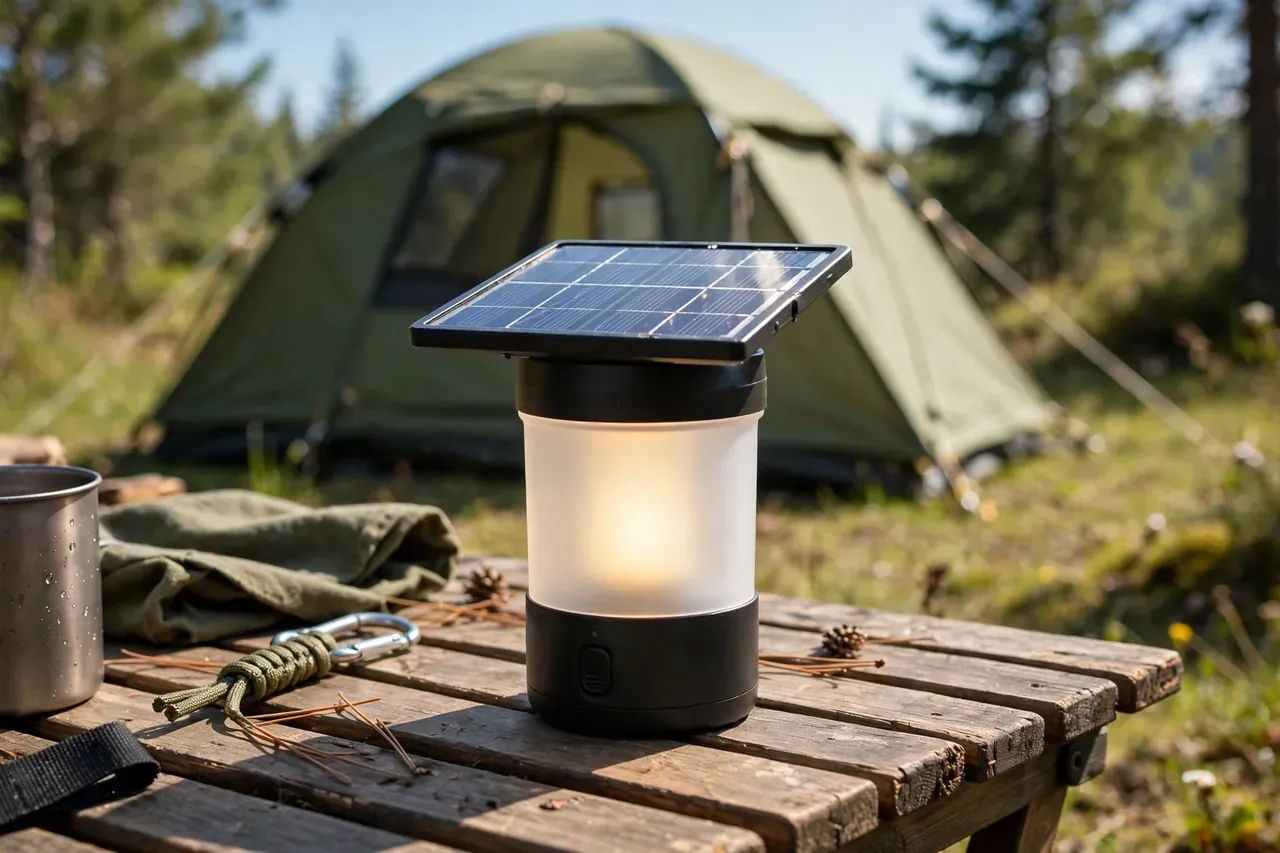 Solar-Campinglampe mit Solarpanel lädt tagsüber auf einem Campingtisch vor einem Zelt