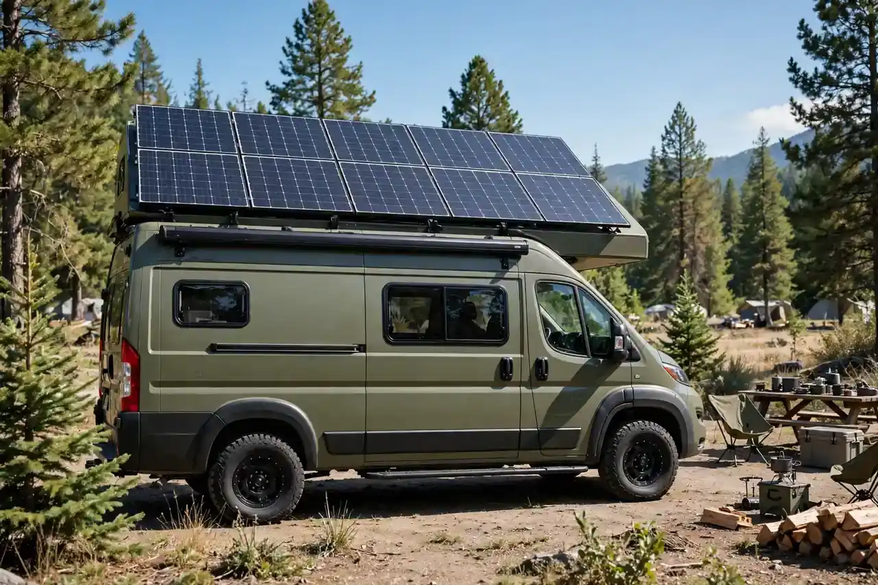 Große Solarpanels auf dem Dach eines Campers auf einem sonnigen Stellplatz im Wald