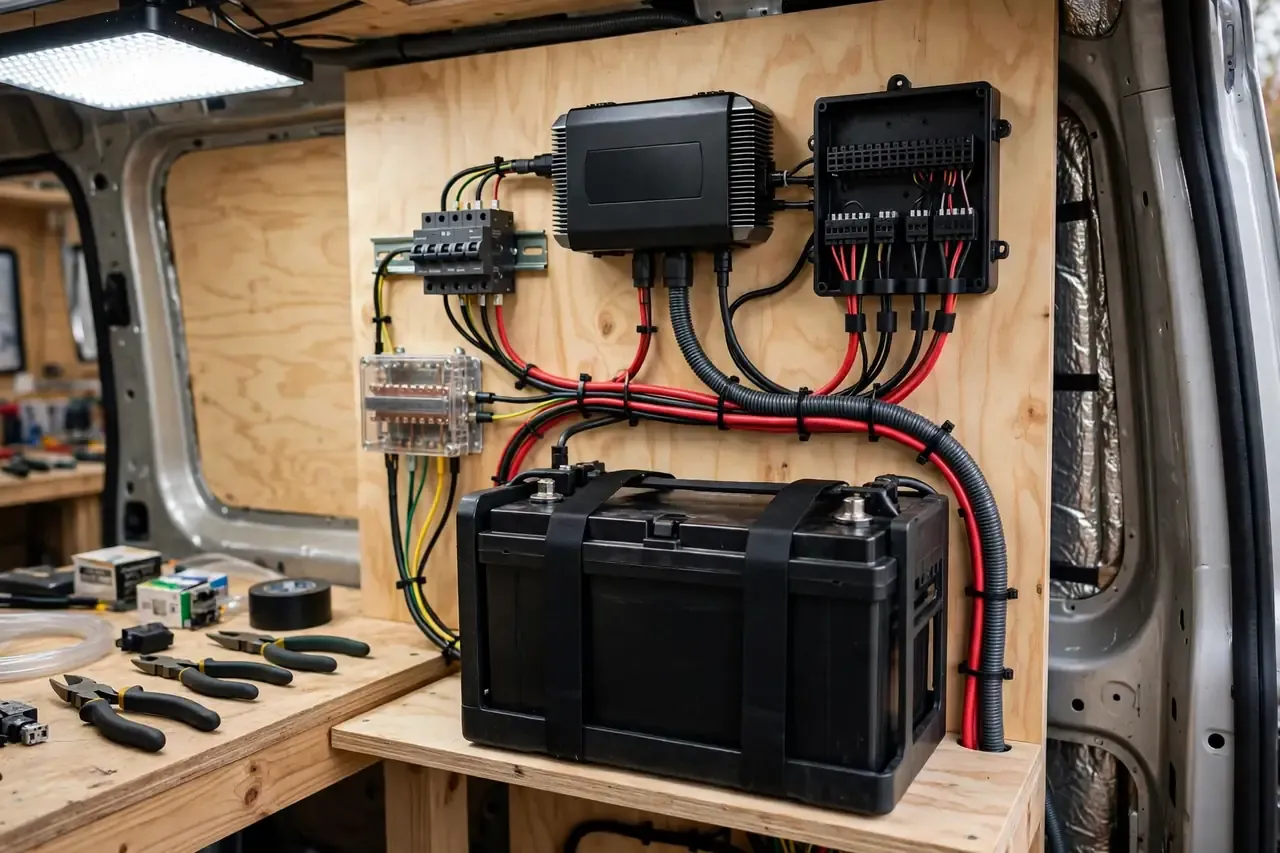 Bordbatterie mit Laderegler, Sicherungen und sauber verlegten Kabeln beim Elektrik-Einbau im Van