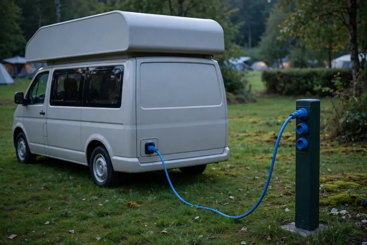 Camper ist mit blauem Landstromkabel an eine Stromsäule auf dem Campingplatz angeschlossen