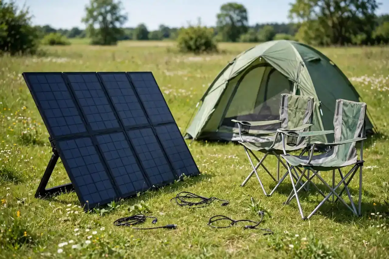 Mobiles Falt-Solarpanel steht auf einer sonnigen Wiese neben Zelt und Campingstühlen