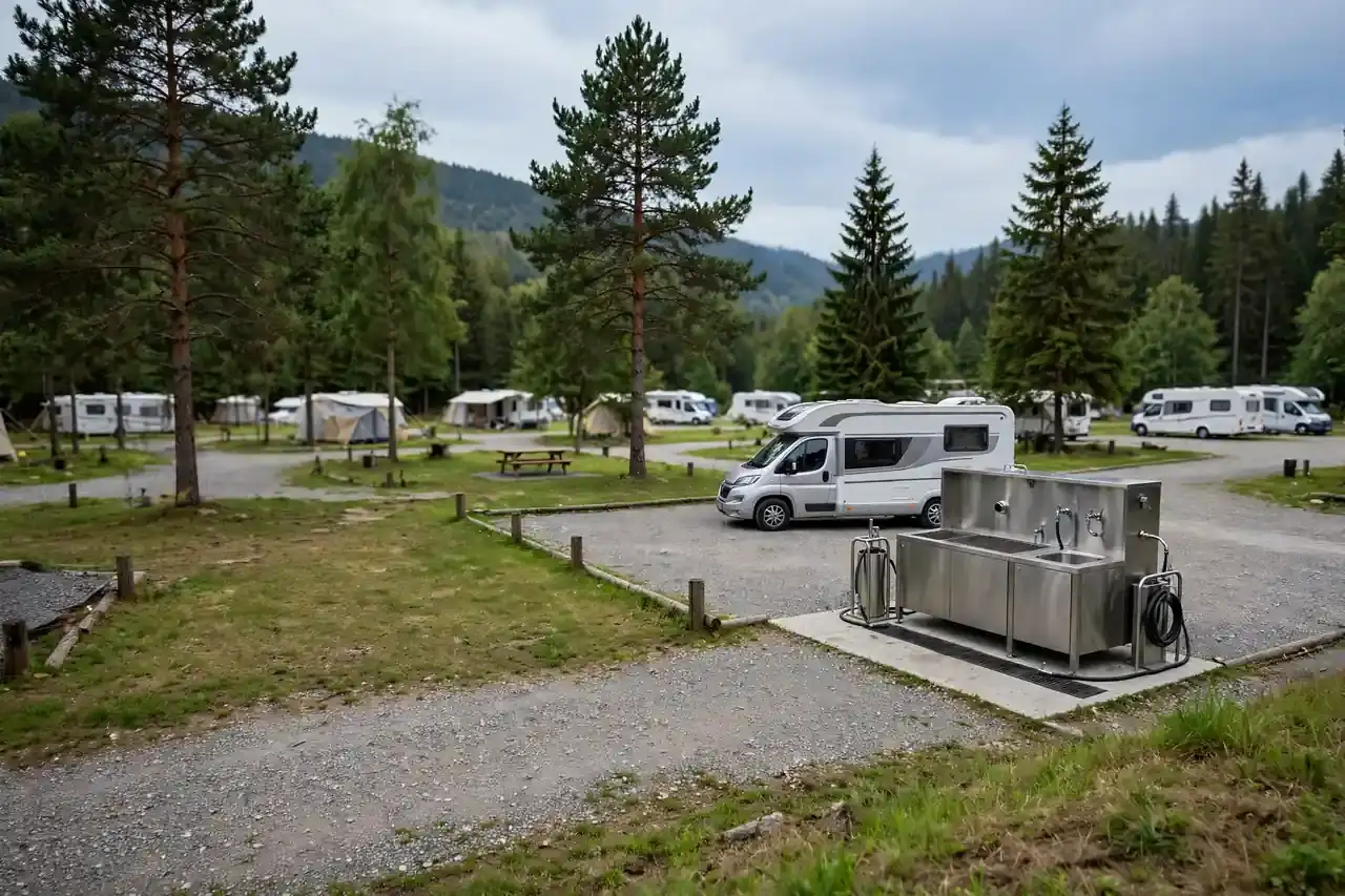 Ver- und Entsorgungsstation aus Edelstahl auf einem Wohnmobil-Stellplatz im Grünen