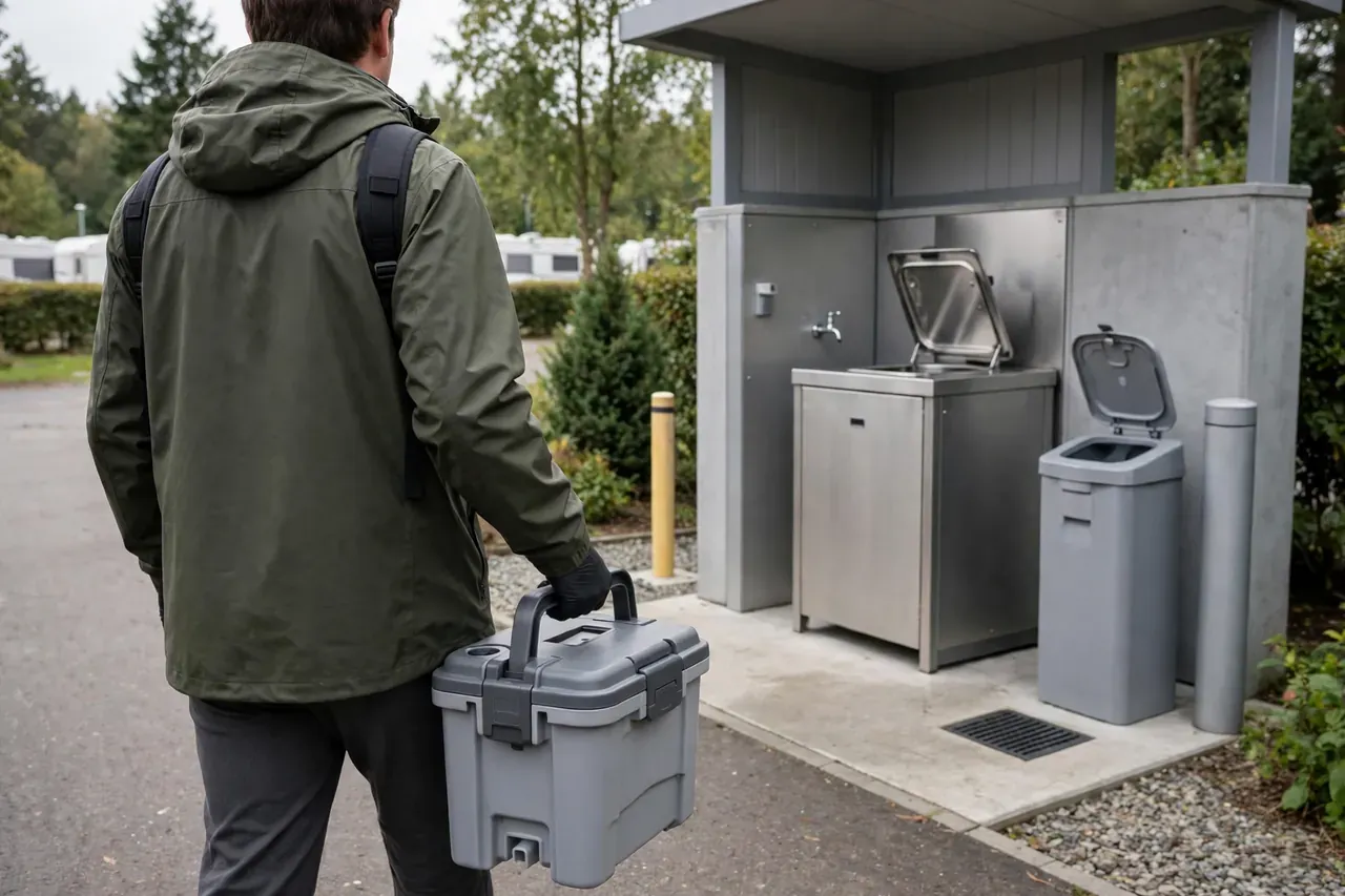Camper trägt eine Toilettenkassette zur Entsorgungsstation eines Campingplatzes