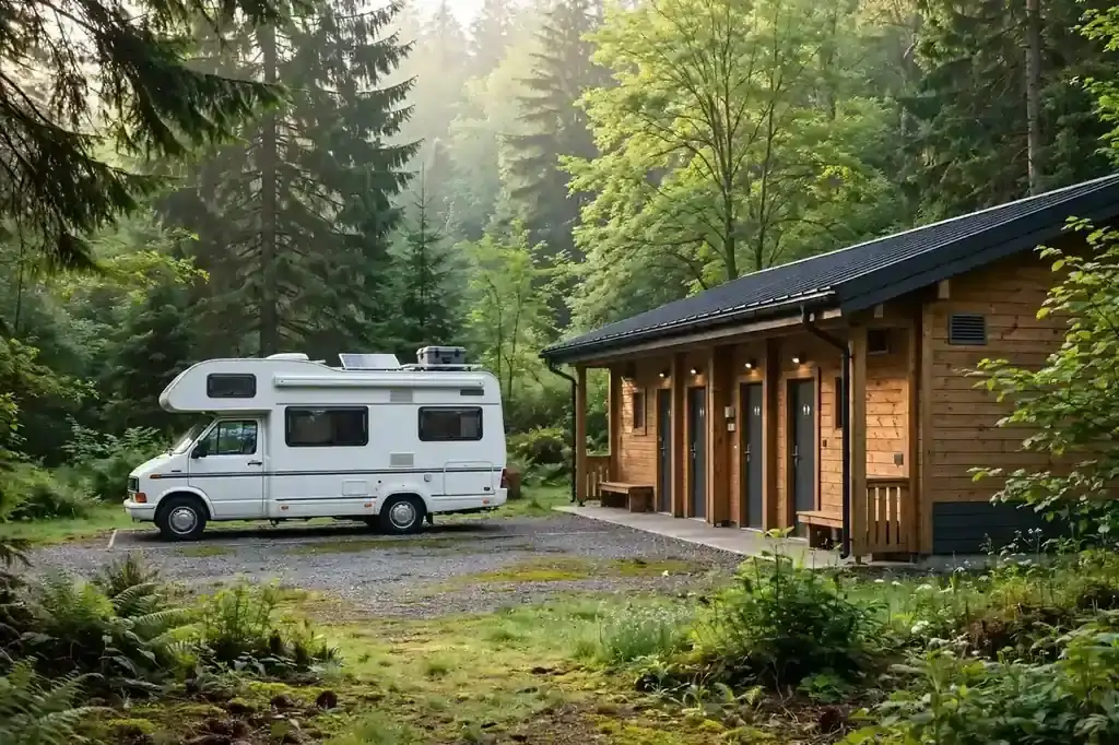 Wohnmobil neben dem Sanitärgebäude eines Campingplatzes im Wald am Morgen