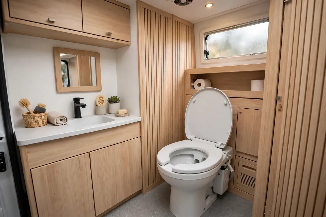 Modernes Camper-Bad in hellem Holz mit fest eingebauter Toilette und Waschbecken