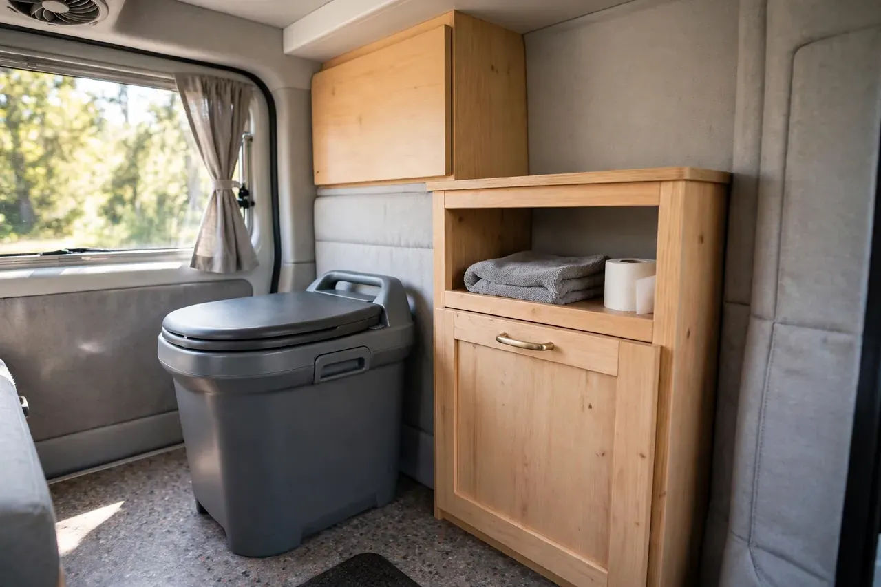 Tragbare Camping Toilette aus grauem Kunststoff neben einem Holzschrank im Camper