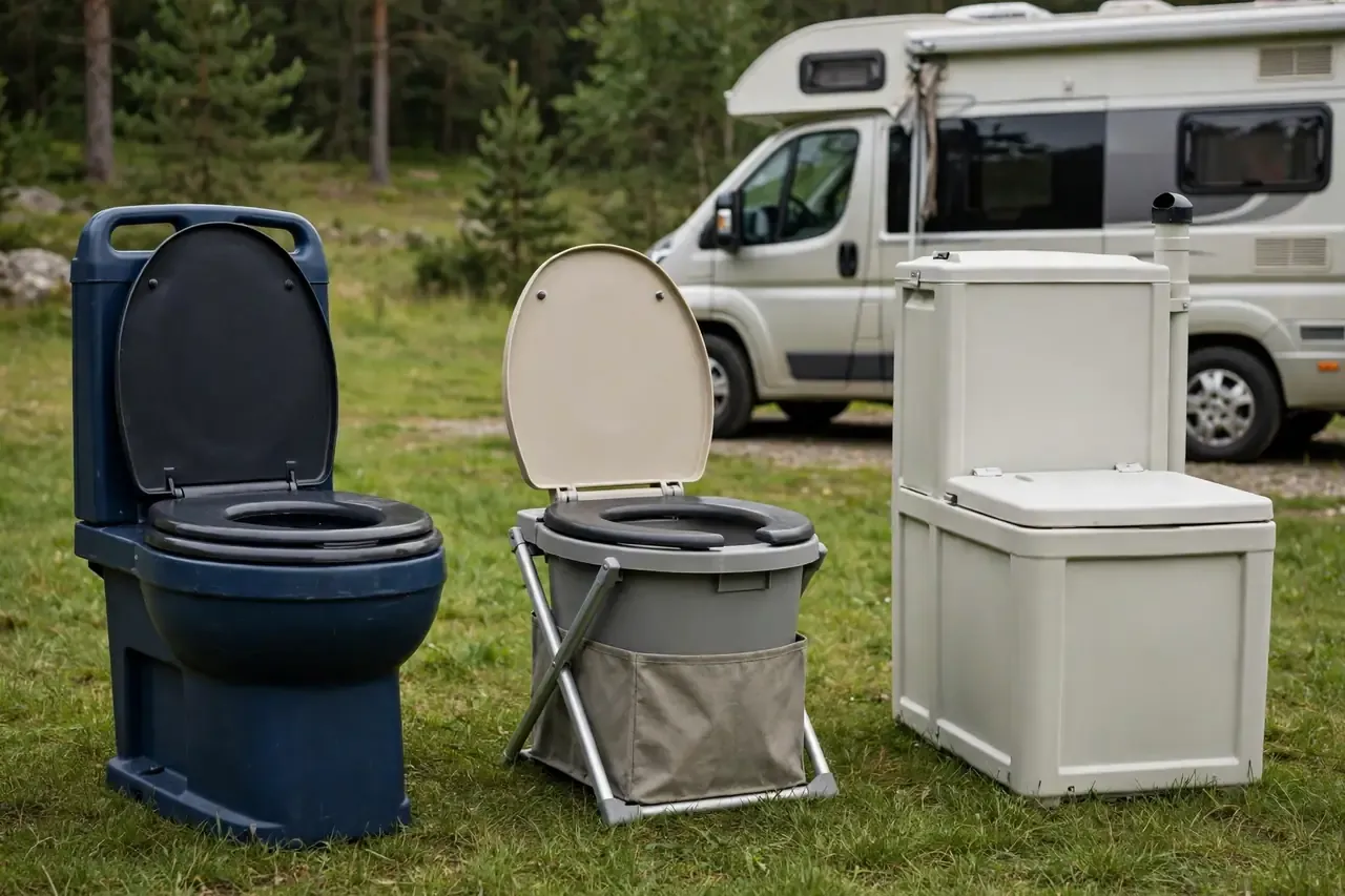 Drei verschiedene Camping Toiletten im Vergleich auf einer Wiese vor einem Wohnmobil