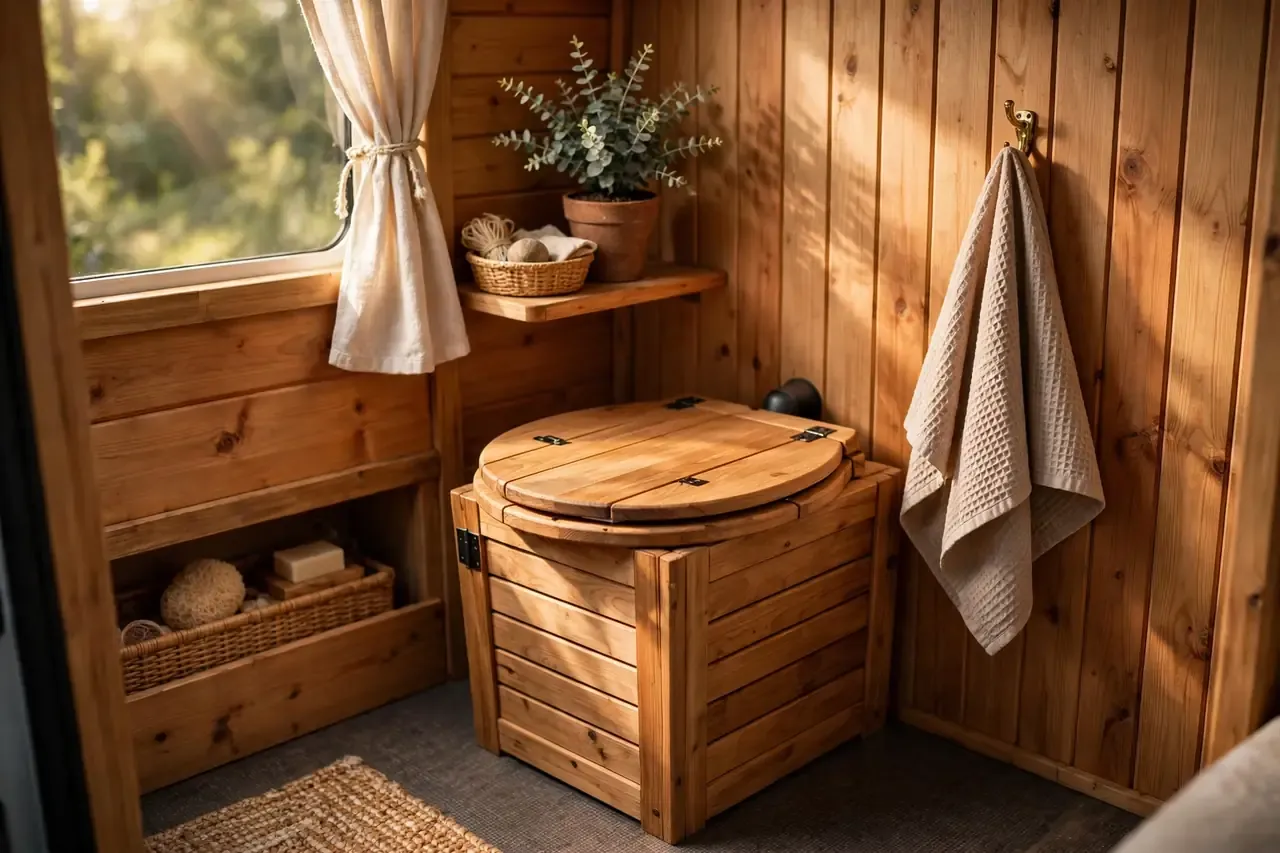 Hölzerne Trenntoilette in einer gemütlichen Camper-Badecke mit Handtuch und Pflanze