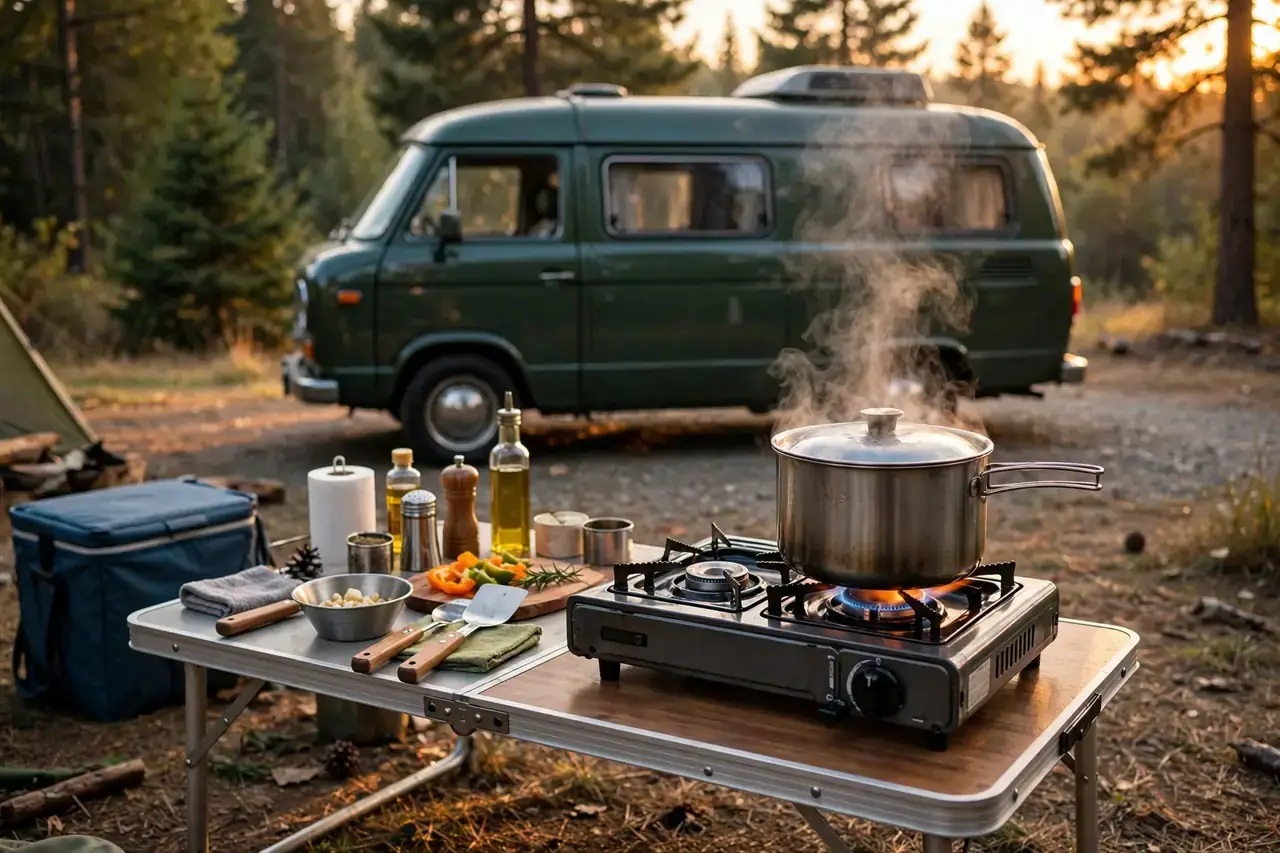 Gaskocher mit dampfendem Topf auf einem Campingtisch vor einem grünen Campervan im Abendlicht