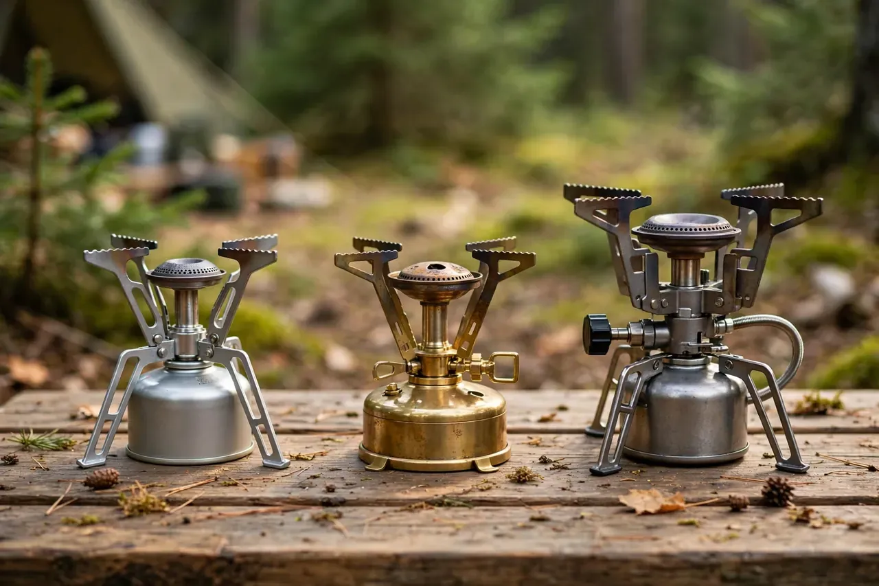Drei verschiedene Campingkocher aus Metall nebeneinander auf einem Holztisch im Wald