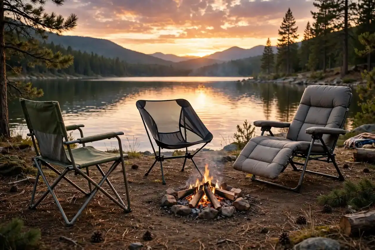 Drei Campingstühle verschiedener Typen am Lagerfeuer an einem See bei Sonnenuntergang