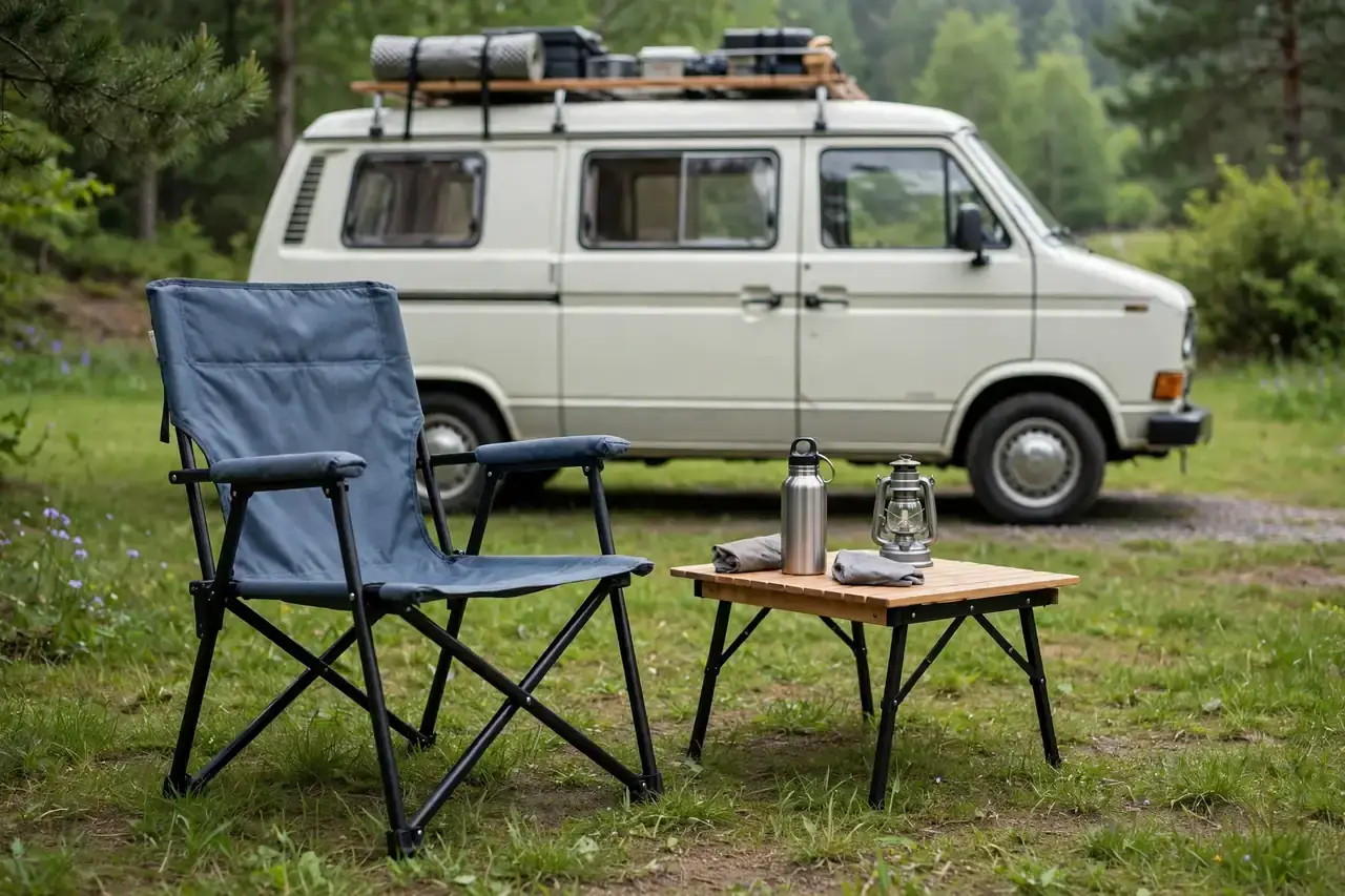 Faltbarer Campingstuhl mit Armlehnen vor einem Camper auf einem Campingplatz