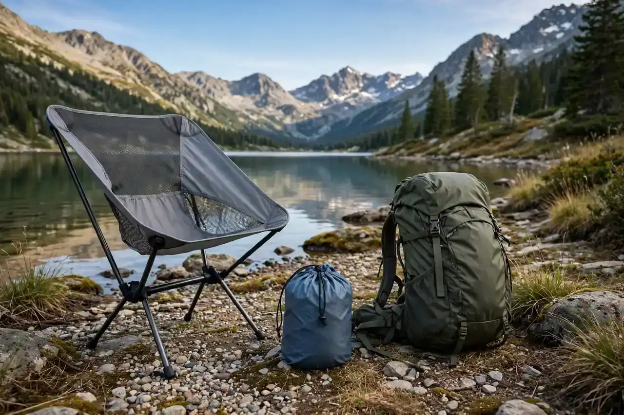 Ultraleichter Campingstuhl in kleiner Packtasche neben einem Wanderrucksack am See