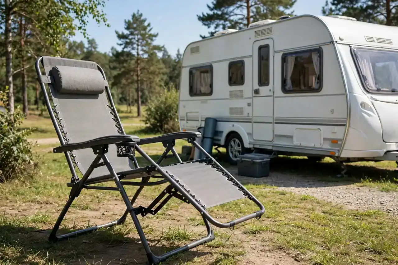 Relax-Campingstuhl mit verstellbarer Lehne und Fußteil neben einem Wohnwagen